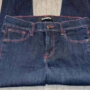 Express Dark Rinse Mid Rise Skinny Denim Jeans with Red Stitching Size 2P